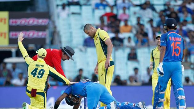 Hardik Pandya was hit on the head by a straight drive from Bhuvneshwar Kumar but the batsman was alright. (BCCI) Hardik Pandya was hit on the head by a straight drive from Bhuvneshwar Kumar but the batsman was alright. (BCCI)