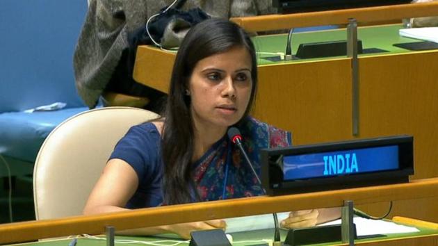Young Indian diplomat Eenam Gambhir delivered the stinging response. (ANI Photo) Young Indian diplomat Eenam Gambhir delivered the stinging response. (ANI Photo)