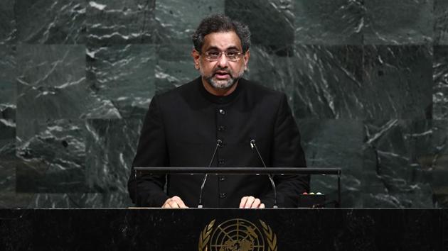 Pakistan's Prime Minister Shahid Khaqan Abbasi addresses the 72nd Session of the United Nations General assembly at the UN headquarters in New York on Thursday(AFP)