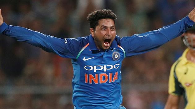 Kuldeep Yadav became the third Indian to take a hat-trick in ODIs during the India vs Australia second match in Kolkata.(REUTERS)