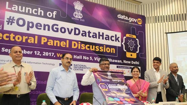 The union minister of law and electronics and information technology Ravi Shankar Prasad att the launch of Hackathon in New Delhi in September this year. The participants were urged to use the open data from government wbsite to develop apps.(HT Photo.)