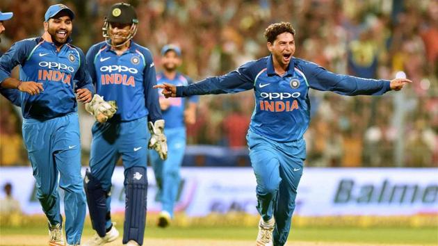 India's Kuldeep Yadav celebrates his hat trick against Australia during 2nd ODI at Eden Gardens in Kolkata. (PTI) India's Kuldeep Yadav celebrates his hat trick against Australia during 2nd ODI at Eden Gardens in Kolkata. (PTI)