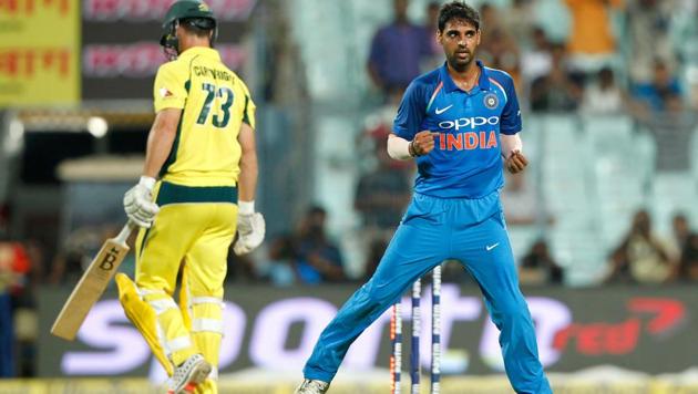 Bhuvneshwar Kumar of India celebrates the wicket of Hilton Cartwright of Australia during the 2nd One Day International between India and Australia at the Eden Gardens in Kolkata on Thursday. (BCCI) Bhuvneshwar Kumar of India celebrates the wicket of Hilton Cartwright of Australia during the 2nd One Day International between India and Australia at the Eden Gardens in Kolkata on Thursday. (BCCI)