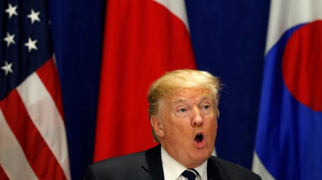 U.S. President Donald Trump speaks during a meeting with South Korean President Moon Jae-in and Japanese Prime Minister Shinzo Abe during the U.N. General Assembly in New York, U.S., September 21, 2017. (REUTERS Photo)