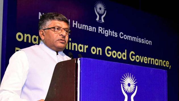 Law minister Ravi Shankar Prasad addressed a valedictory session of the two-day seminar on Good Governance, Development and Human Rights, organised by the National Human Rights Commission in New Delhi on Friday.(PTI)