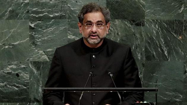 Prime Minister of Pakistan Shahid Khaqan Abbasi addresses the United Nations General Assembly Thursday, at the United Nations headquarters. (AP Photo) Prime Minister of Pakistan Shahid Khaqan Abbasi addresses the United Nations General Assembly Thursday, at the United Nations headquarters. (AP Photo)