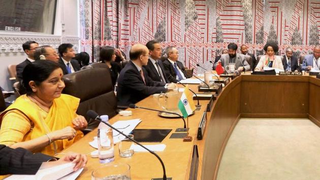 External affairs minister Sushma Swaraj at BRICS Meet at the United Nations in New York on Thursday.(PTI Photo)