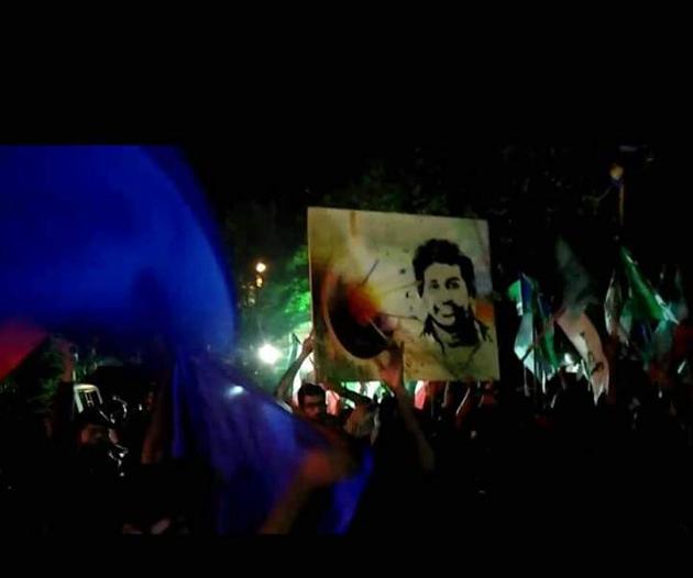 Supporters of Alliance for Social Justice celebrate victory of their candidates in the students’ union elections of the University of Hyderabad holding aloft poster of Rohith Vemula(HT Photo) Supporters of Alliance for Social Justice celebrate victory of their candidates in the students’ union elections of the University of Hyderabad holding aloft poster of Rohith Vemula(HT Photo)