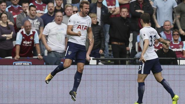 Tottenham's Harry Kane (left) celebrates after scoring his team's first goal, with teammate Ben Davies during the English Premier League soccer match between West Ham United and Tottenham Hotspur at the London Stadium in London, Saturday Sept. 23, 2017. (AP) Tottenham's Harry Kane (left) celebrates after scoring his team's first goal, with teammate Ben Davies during the English Premier League soccer match between West Ham United and Tottenham Hotspur at the London Stadium in London, Saturday Sept. 23, 2017. (AP)