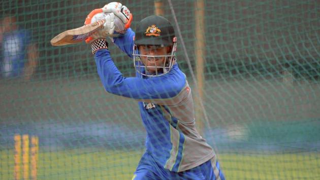 Australian cricketer David Warner bats during a training session at the Holkar Stadium in Indore on September 23, 2017. (AFP) 