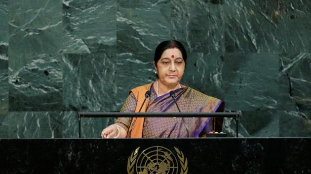 External affairs minister Sushma Swaraj addresses the 72nd United Nations General Assembly at UN headquarters in New York, US, on Saturday.(Reuters)