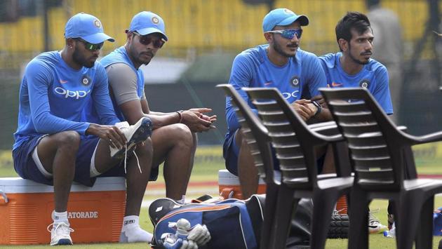 Hardik Pandya , Umesh Yadav, Axar Patel and Chahal during a practice session at MPCA Holkar Stadium in Indore on Saturday. (PTI) Hardik Pandya , Umesh Yadav, Axar Patel and Chahal during a practice session at MPCA Holkar Stadium in Indore on Saturday. (PTI)