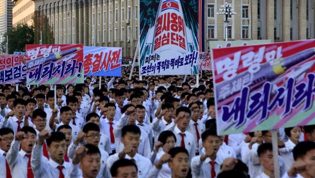 Hundreds of thousands of North Koreans gathered at Kim Il Sung Square to attend a mass rally against America on Saturday Sept. 23, 2017, in Pyongyang, North Korea, a day after the country's leader issued a rare statement attacking Donald Trump.(AP) Hundreds of thousands of North Koreans gathered at Kim Il Sung Square to attend a mass rally against America on Saturday Sept. 23, 2017, in Pyongyang, North Korea, a day after the country's leader issued a rare statement attacking Donald Trump.(AP)