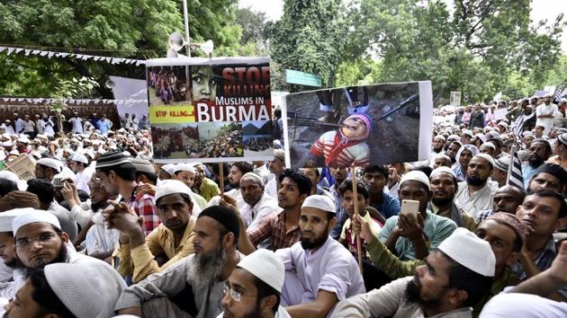 People protest against the genocide of Rohingya Muslims in Myanmar, at Jantar Mantar in New Delhi on Thursday. (Arun Sharma/HT Photo) People protest against the genocide of Rohingya Muslims in Myanmar, at Jantar Mantar in New Delhi on Thursday. (Arun Sharma/HT Photo)