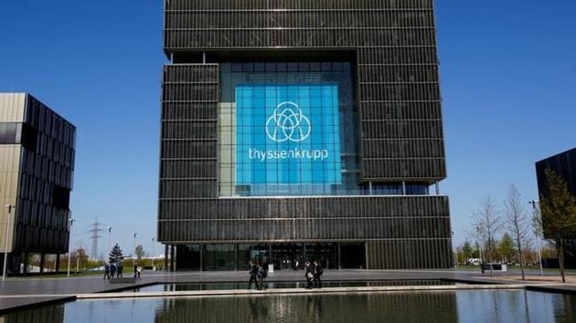 The logo of ThyssenKrupp is seen at the headquarters of the steel maker and multinational conglomerate in Essen, Germany, April 20, 2016.(Reuters File Photo)