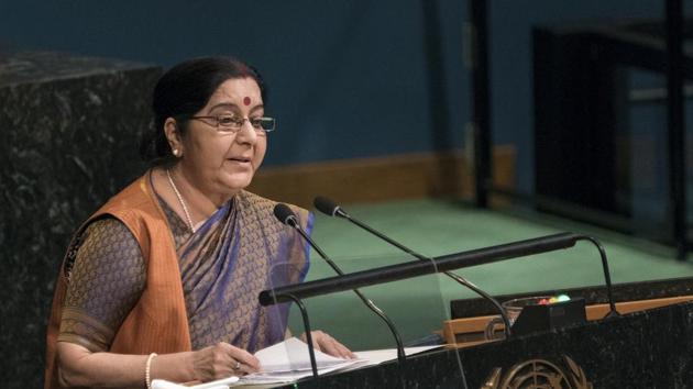 External affairs minister Sushma Swaraj addresses the United Nations General Assembly, on September 23, 2017, at UN headquarters.(AP Photo)