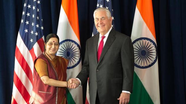 US secretary of state Rex Tillerson meets Indian external affairs minister Sushma Swaraj at the Lotte New York Palace Hotel on September 22, 2017. (AFP) US secretary of state Rex Tillerson meets Indian external affairs minister Sushma Swaraj at the Lotte New York Palace Hotel on September 22, 2017. (AFP)