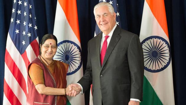 US Secretary of State Rex Tillerson meets with Indian External Affairs Minister Sushma Swaraj at the Lotte New York Palace Hotel in New York. (Bryan R. Smith / AFP) US Secretary of State Rex Tillerson meets with Indian External Affairs Minister Sushma Swaraj at the Lotte New York Palace Hotel in New York. (Bryan R. Smith / AFP)