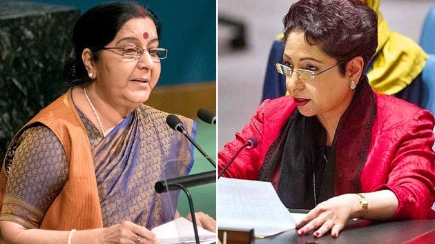 Combination image of external affairs minister Sushma Swaraj and Pakistan’s permanent representative to UN Maleeha Lodhi.(Twitter/Agency)