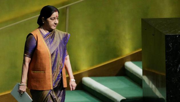 External affairs minister Sushma Swaraj arrives to address the 72nd United Nations General Assembly at the UN headquarters in New York.(Reuters Photo)