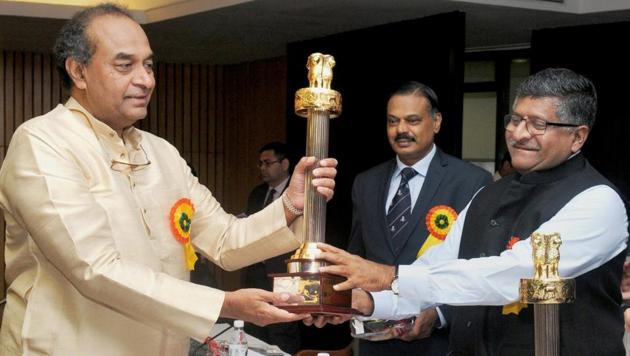 Union minister Ravi Shankar Prasad presents the Capital Foundation National Award to former attorney general Mukul Rohatgi at the Capital Foundation Annual Lecture on Emerging Digital World in India in New Delhi on Sunday. (PTI) Union minister Ravi Shankar Prasad presents the Capital Foundation National Award to former attorney general Mukul Rohatgi at the Capital Foundation Annual Lecture on Emerging Digital World in India in New Delhi on Sunday. (PTI)
