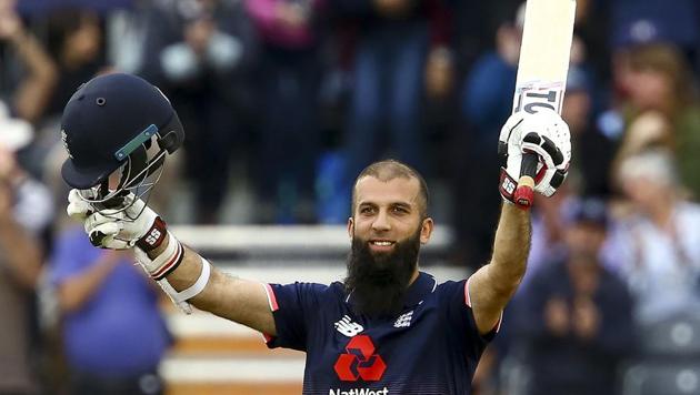 Moeen Ali gestures after reaching his century off 53 balls during the third one day international cricket match played between England and the West Indies at the Brightside Ground in Bristol on September 24, 2017.(AFP)
