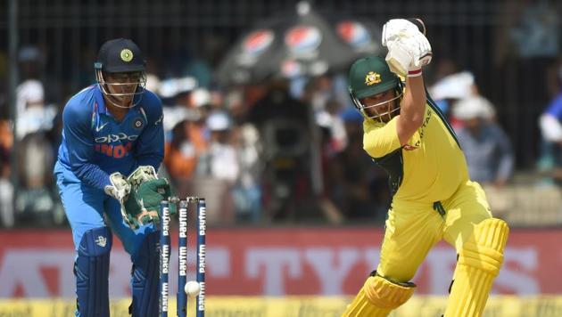 Aaron Finch in action during the 3rd One Day International between India and Australia at the Holkar Stadium in Indore.(AFP)