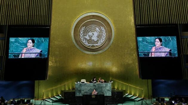 External affairs minister Sushma Swaraj addresses the 72nd United Nations General Assembly at UN headquarters in New York.(Reuters Photo)