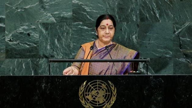 External affairs minister Sushma Swaraj addresses the 72nd United Nations General Assembly at the UN headquarters in New York.(REUTERS) External affairs minister Sushma Swaraj addresses the 72nd United Nations General Assembly at the UN headquarters in New York.(REUTERS)