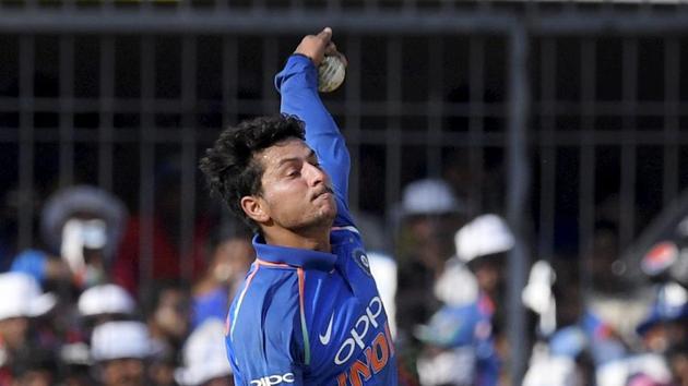 Kuldeep Yadav became the third Indian to take a hat-trick in ODI cricket in the second India vs Australia match.(PTI)