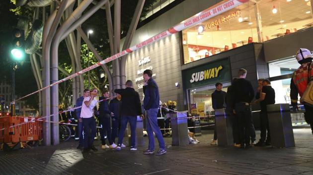 Emergency services at Stratford Centre in east London, following a suspected noxious substance attack where six people have been reported injured on September 23. (AP Photo) Emergency services at Stratford Centre in east London, following a suspected noxious substance attack where six people have been reported injured on September 23. (AP Photo)
