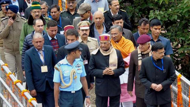 President Ram Nath Kovind with Uttarakhand Governor KK Paul and Chief Minister Trivendra Singh Rawat during a visit to Badrinath Dham in Chamoli district on Sunday. (PTI Photo) President Ram Nath Kovind with Uttarakhand Governor KK Paul and Chief Minister Trivendra Singh Rawat during a visit to Badrinath Dham in Chamoli district on Sunday. (PTI Photo)