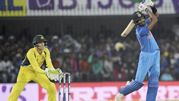 Indian batsman Hardik Pandya plays a shot during the 3rd ODI match against Australia at Holkar Stadium in Indore on Sunday.(PTI Photo)