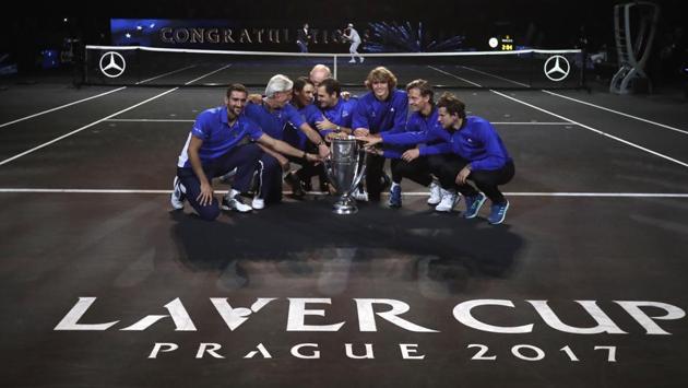 Team Europe together with tennis legend Australian Rod Laver pose for a photograph with the trophy. (AP) Team Europe together with tennis legend Australian Rod Laver pose for a photograph with the trophy. (AP)