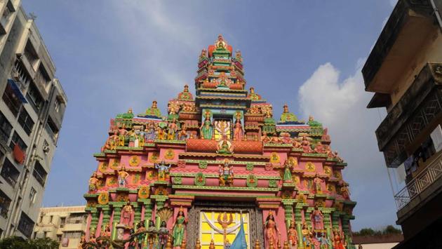 A traditional temple style, common to both the southern and eastern regions in India is the backdrop for the Ekdalia Evergreen Club Durga Puja in South Kolkata.  (Samir Jana / HT Photo) 