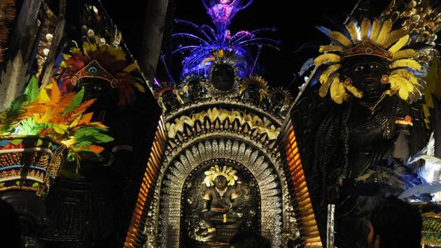 At the Hindustan Park Durga Puja, South Kolkata, the pandal is adorned by figures of the Goddess Kali. (Samir Jana / HT Photo) 