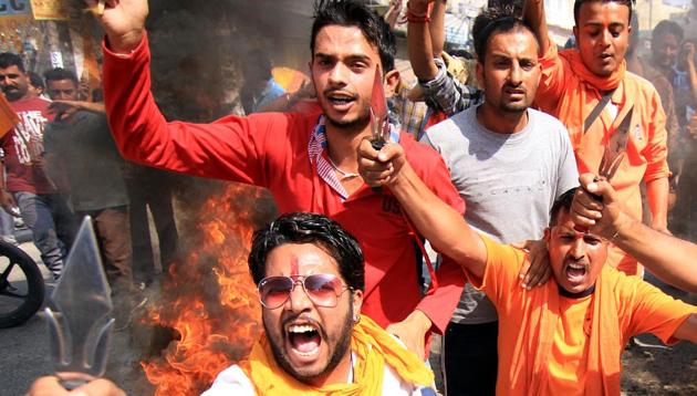 File photo of Bajrang Dal activists during a protest.(HT PHOTO)