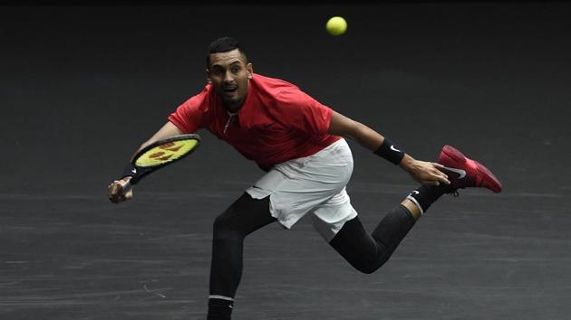 Australian Nick Kyrgios of Team World returns the ball to Swiss Roger Federer of Team Europe. (AFP) Australian Nick Kyrgios of Team World returns the ball to Swiss Roger Federer of Team Europe. (AFP)