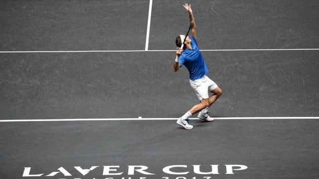 Roger Federer of Team Europe serves a ball to Nick Kyrgios of Team World. (AFP) Roger Federer of Team Europe serves a ball to Nick Kyrgios of Team World. (AFP)
