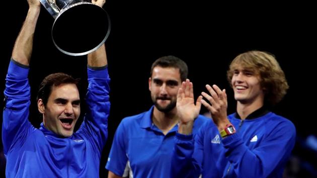 Roger Federer celebrates the win with teammates Marin Cilic and Alexander Zverev. (REUTERS) Roger Federer celebrates the win with teammates Marin Cilic and Alexander Zverev. (REUTERS)