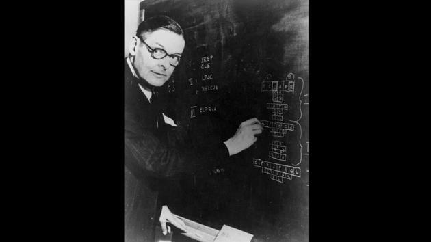 Eliot was also an accomplished linguist. He’s seen here at the blackboard at the Institute for Advance Study at Princeton, New Jersey, November 15, 1948. (Keystone Features / Getty Images) Eliot was also an accomplished linguist. He’s seen here at the blackboard at the Institute for Advance Study at Princeton, New Jersey, November 15, 1948. (Keystone Features / Getty Images)