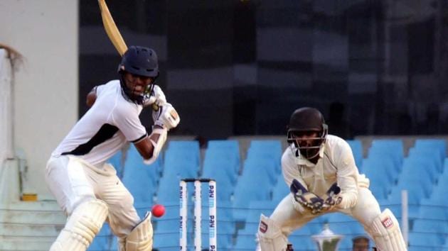 Washington Sundar plays a shot during his innings against India Blue. (HT Photo) Washington Sundar plays a shot during his innings against India Blue. (HT Photo)