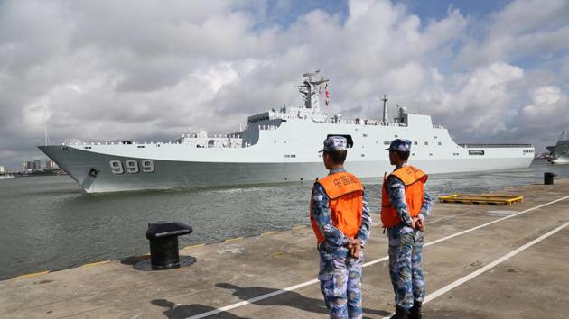 File photo from July 11, 2017 shows a warship carrying Chinese military personnel bound for the country’s first overseas base in Djibouti departing a port at Zhanjiang in Guangdong province.(AP)