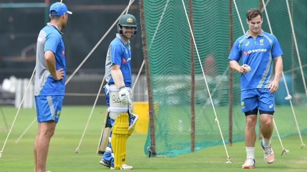 Nathan Coulter-Nile (L), Travis Head (C) and Hilton Cartwright take part in a practice session ahead of the fourth ODI at the M. Chinnaswamy Stadium in Bangalore. (AFP) Nathan Coulter-Nile (L), Travis Head (C) and Hilton Cartwright take part in a practice session ahead of the fourth ODI at the M. Chinnaswamy Stadium in Bangalore. (AFP)