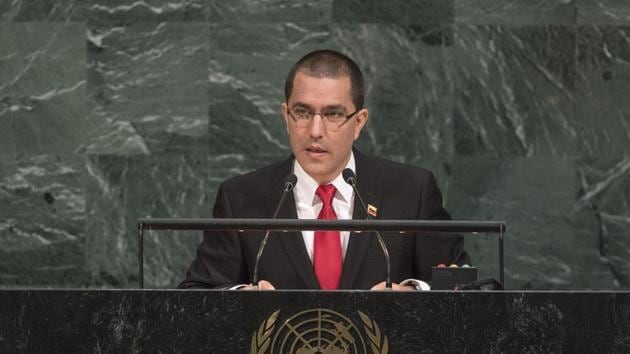 Venezuela foreign minister Jorge Arreaza addresses the United Nations General Assembly at UN headquarters on Monday.(AP Photo)