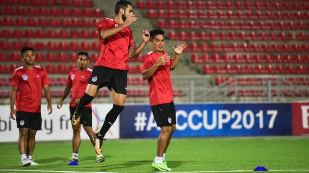 Bengaluru FC players train for the AFC Cup match vs FC Istiklol at the Hisor Central Stadium, in Tajikistan’s capital Dushanbe, on Tuesday.(Bengaluru FC)
