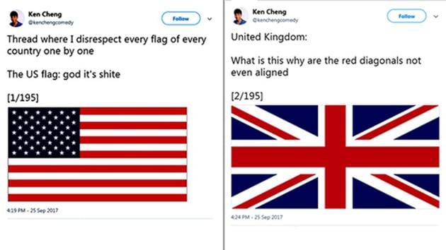 Ken Cheng has taken up the colossal task of disrespecting every flag, from every country, one tweet after another.(Ken Cheng/Twitter)