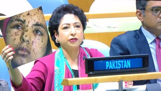 Pakistan’s Permanent Representative Maleeha Lodhi holds up photo while while responding to Sushma Swaraj’ speech.(Twitter)