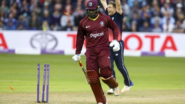 West Indies' Chris Gayle is run out by England's Adil Rashid (not pictured) for 94 during the third one day international cricket match at the Brightside Ground in Bristol on September 24, 2017. Windies are already 2-0 down in a five-match series, with one no-result. (AFP) West Indies' Chris Gayle is run out by England's Adil Rashid (not pictured) for 94 during the third one day international cricket match at the Brightside Ground in Bristol on September 24, 2017. Windies are already 2-0 down in a five-match series, with one no-result. (AFP)