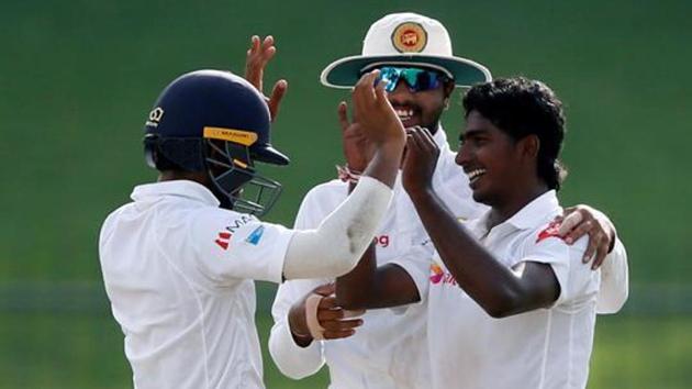 In this picture, Sri Lanka's Lakshan Sandakan celebrates with captain Dinesh Chandimal and Kusal Mendis after taking the wicket of India's captain Virat Kohli. Sri Lanka have the chance to move up the ICC Test rankings ahead of their series vs Pakistan. (REUTERS) In this picture, Sri Lanka's Lakshan Sandakan celebrates with captain Dinesh Chandimal and Kusal Mendis after taking the wicket of India's captain Virat Kohli. Sri Lanka have the chance to move up the ICC Test rankings ahead of their series vs Pakistan. (REUTERS)